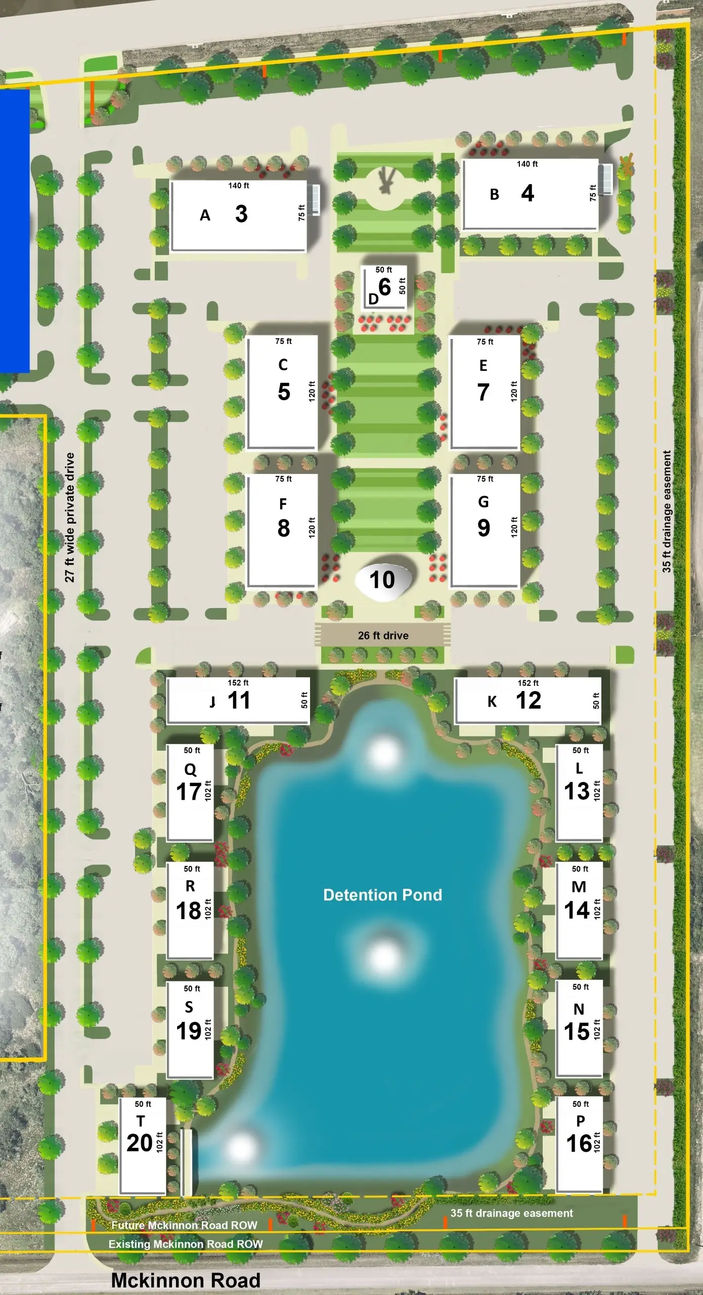 Fulshear Central site plan with buildings 3 to 20 around the detention pond